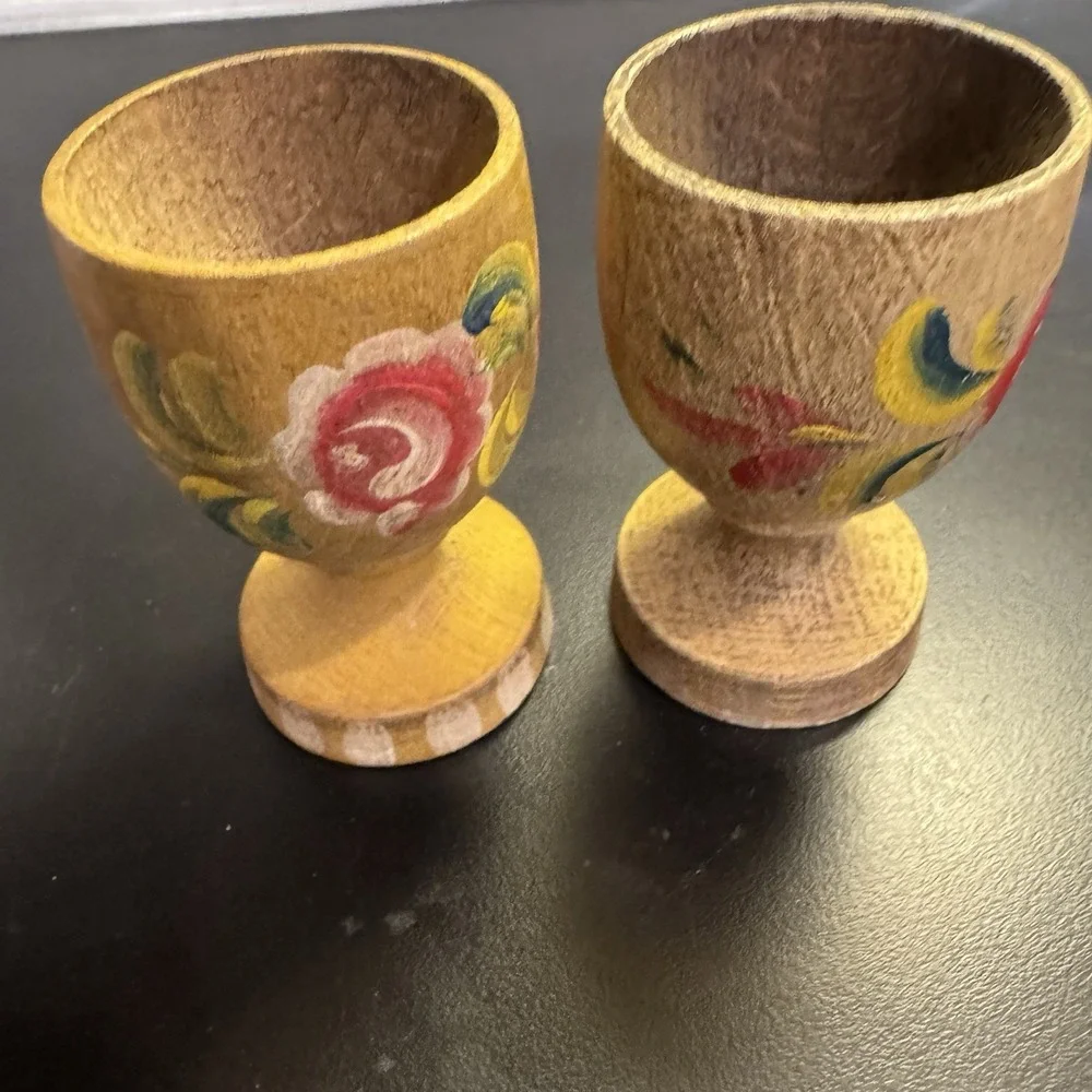 Vintage Wood Hand Painted Egg Cups Set of 2 Lang‎ Oberammergau Bavaria Germany